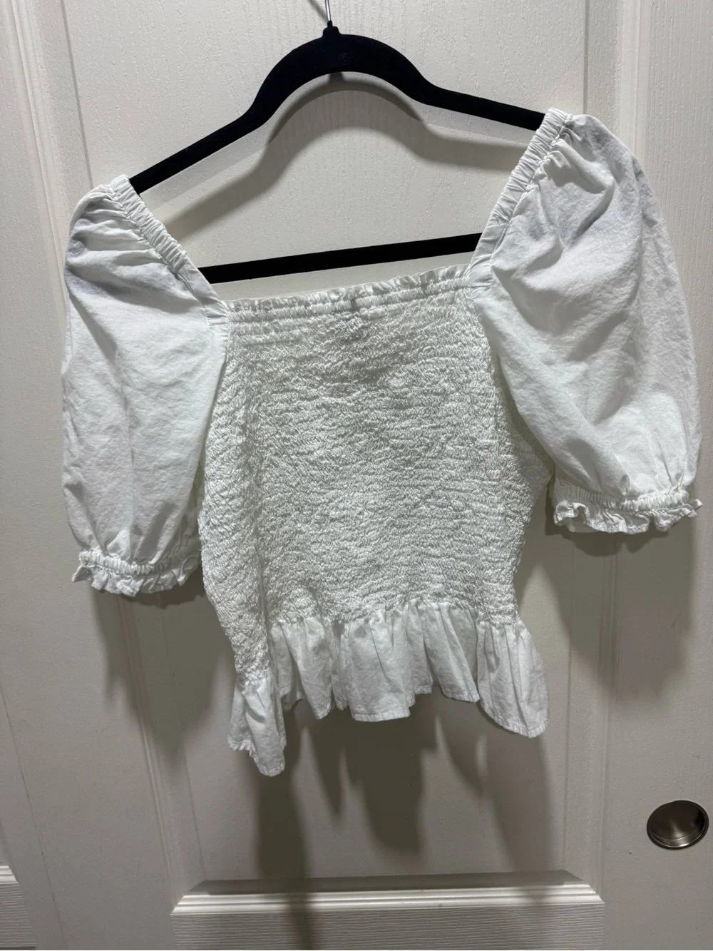 J.Crew Re-Imagined White Smocked Puff Sleeve Top Size S